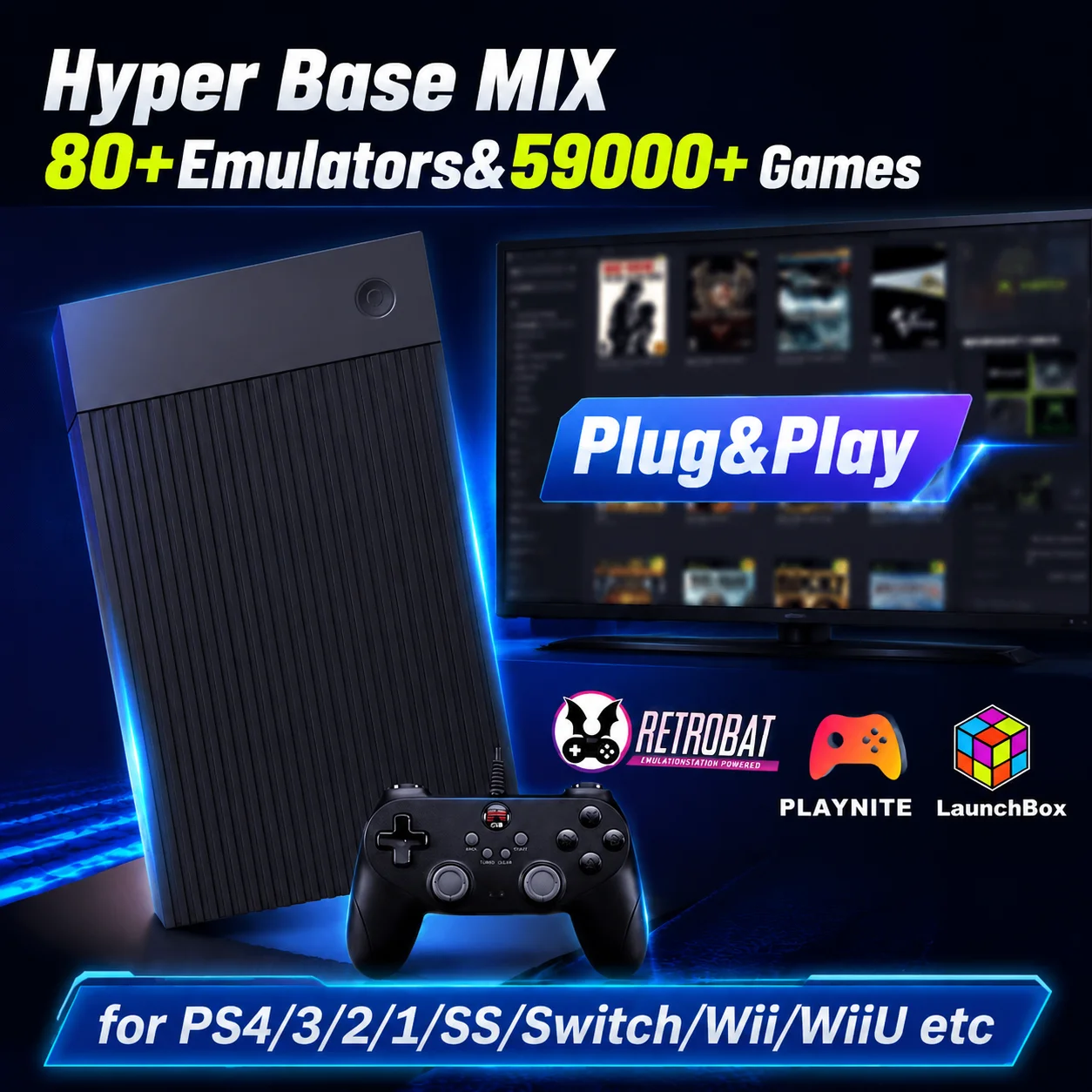 Hyper Base MIX 4T Retro HDD 59000+Games for Switch/PS4/PS3/PS2/WiiU Emulators Plug＆Play Game Console Retrobat＆Playnite＆Launchbox