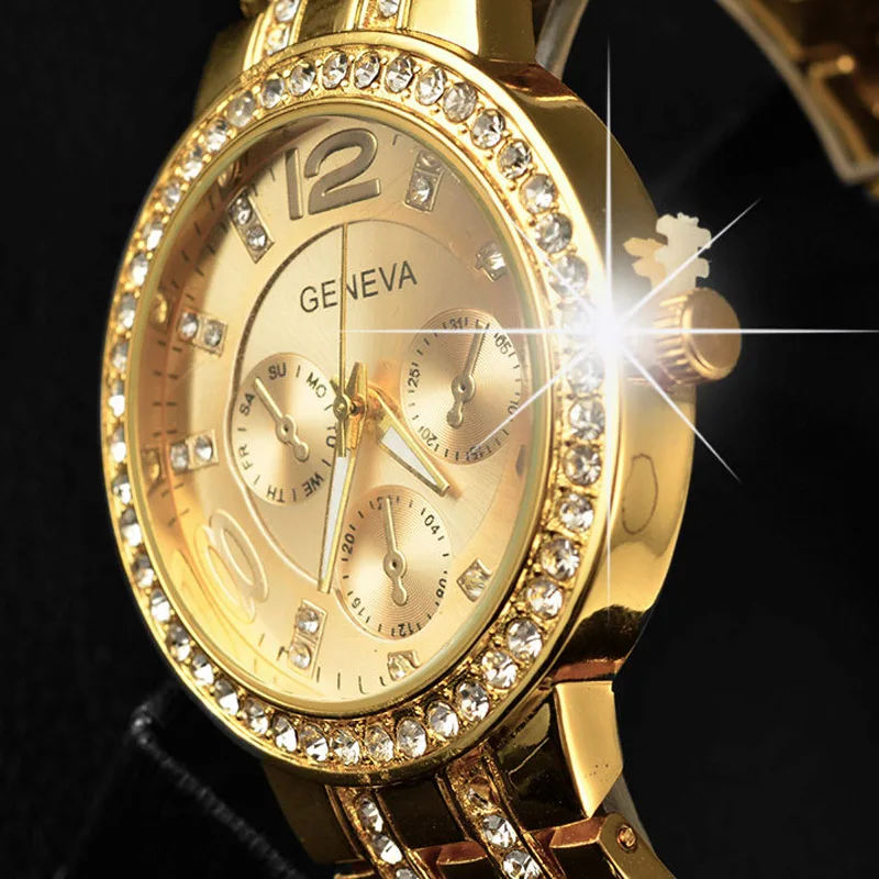 

Geneva Watch Women Fashion Luxury Iced Out Crystal Watches Stainless Steel Band Quartz Wristwatches Ladies Montre Femme