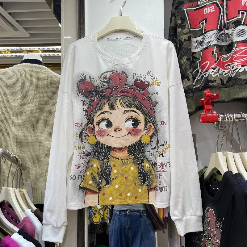 甘いかわいい新しいラインストーンガールレタークルーネックスウェットシャツジャケット女性のルーズ多用途デザインプルオーバートップ Sudaderas デ Mujer