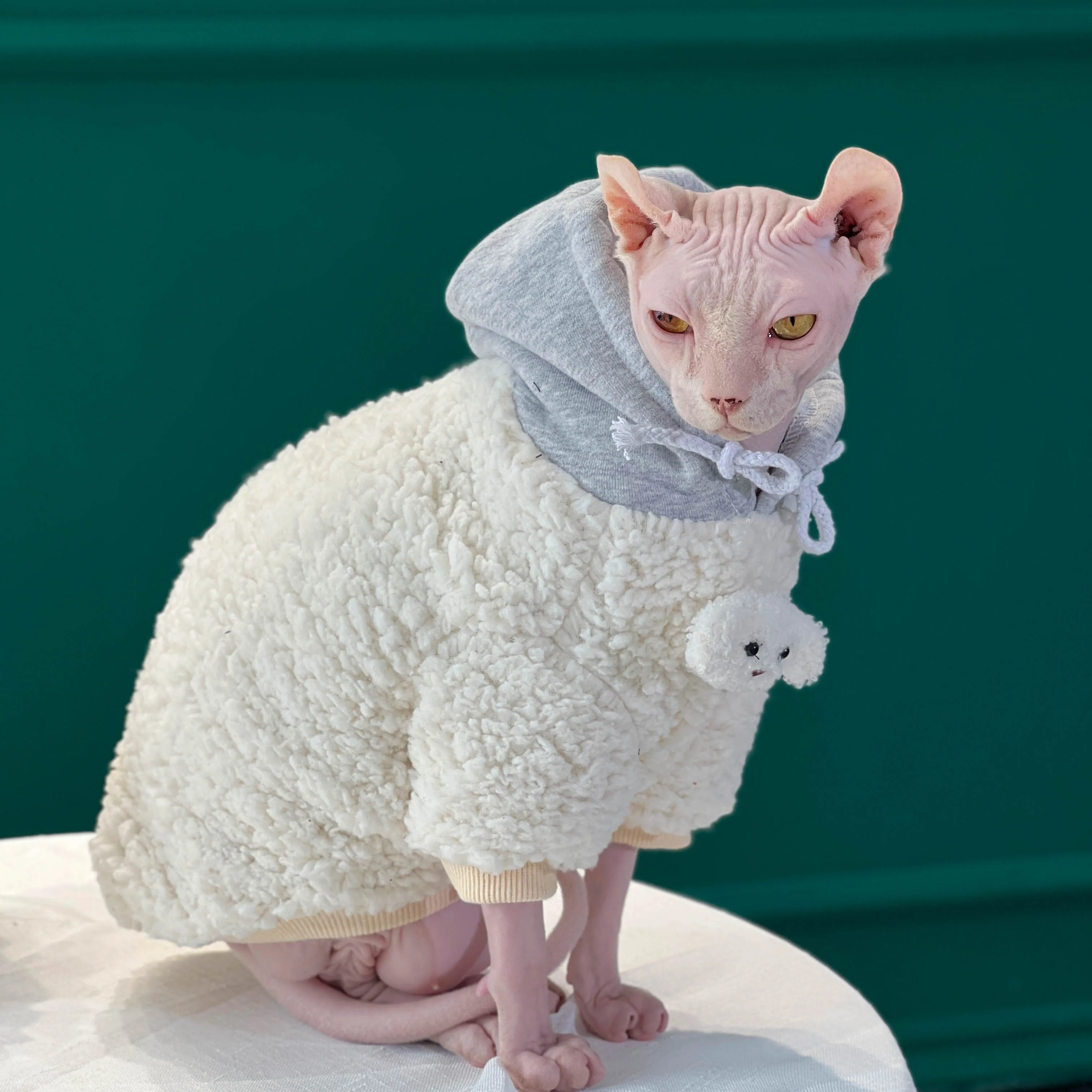 Winter Fleece Sweatshirt Hooded for Sphynx Cat Warm Fashion White Lamb Wool Coat for Kittens Soft Thick Jacket for Devon Rex