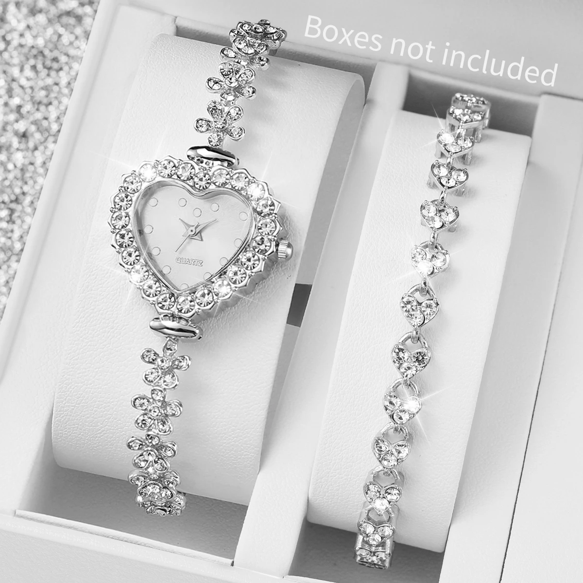 2PCS Set Women Watches Luxury Rhinestone Bracelet Ladies Heart Dial Quartz Wristwatches Dress Clock Montre Femme（Without Box ）