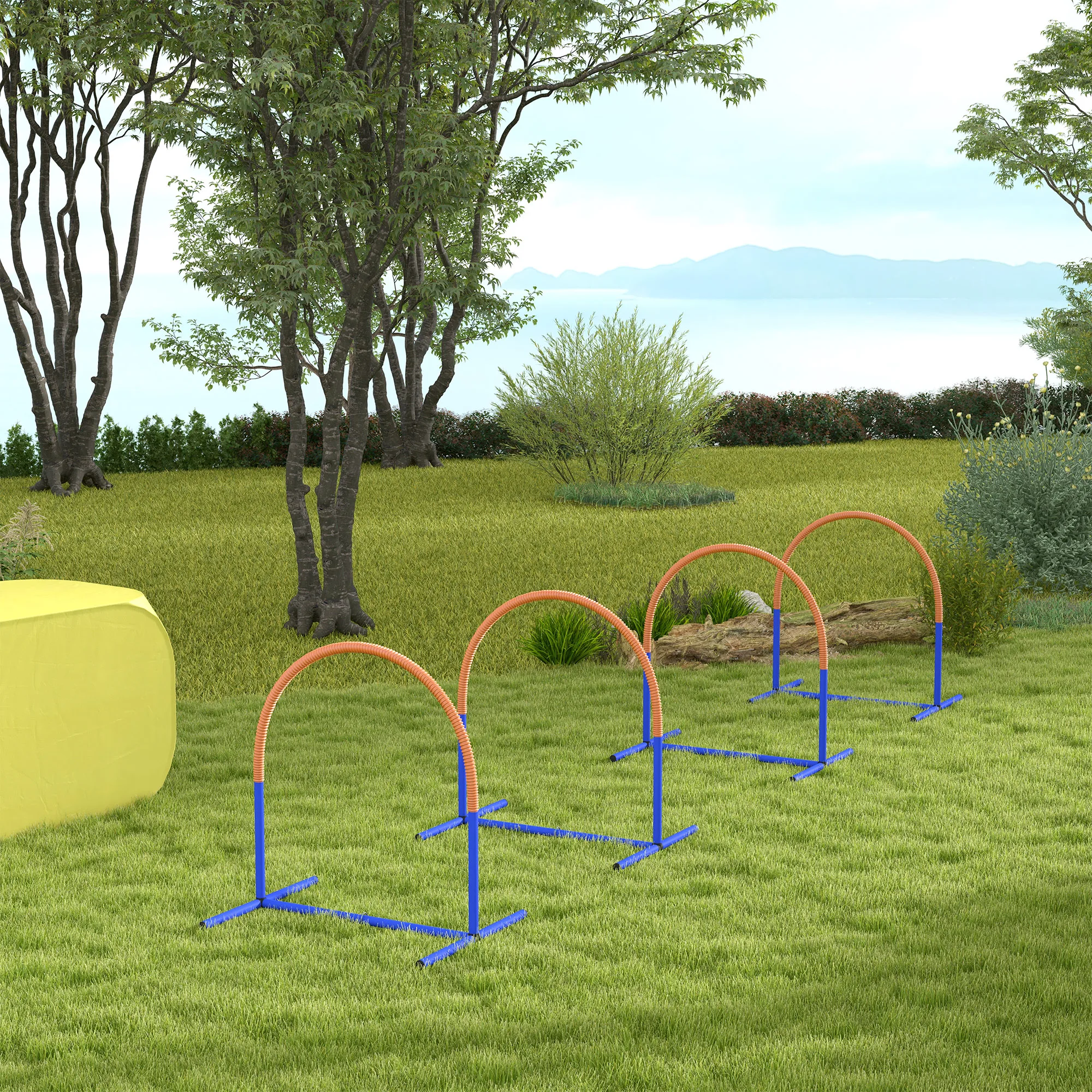 Ensemble de 4 obstacles d'agility pour chiens 88x64x95cm pour débutants et chiens seniors, installation facile par simple enfoncement sur l'herbe ou un terrain plat, renforce le lien et la confiance, comprend un sac de transport portable pour l'entraînement en extérieur