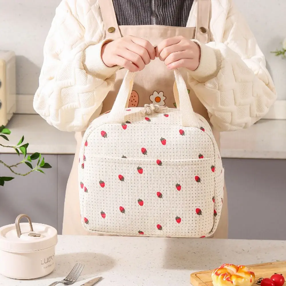 Floral/Plaid Design Corduroy Lunch Bag Waterproof Handheld Picnic Food Pouch Thermal Large Capacity Portable Lunch Bag Student