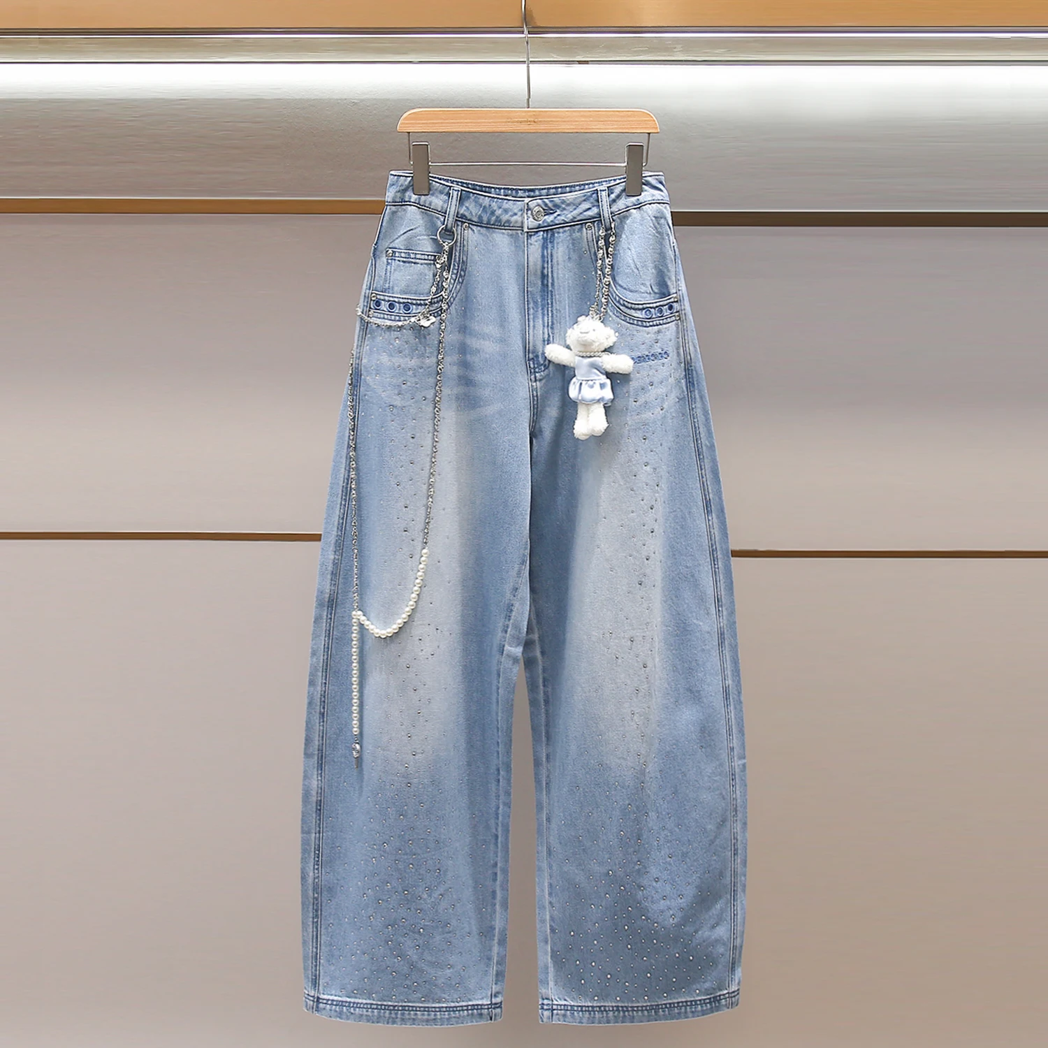 

High Waist Wide Leg Jeans Casual Spring New Style South Oil High End Women's Fashion Rhinestone Pear Shape Knife Pants