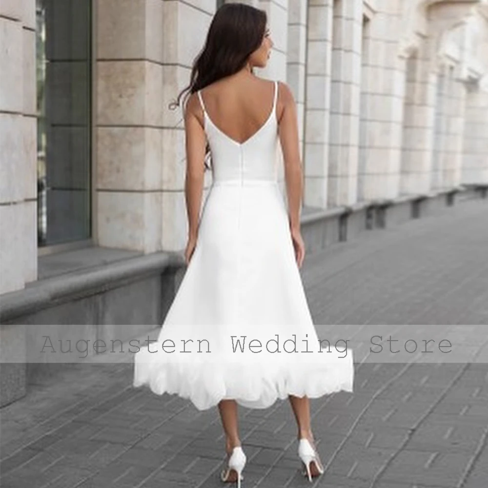 Modern Midi Wedding Dresses Crepe Fabric A-line Wedding Party Dresses White Spaghetti Strap Ruched 2026 Bride Gowns for Women