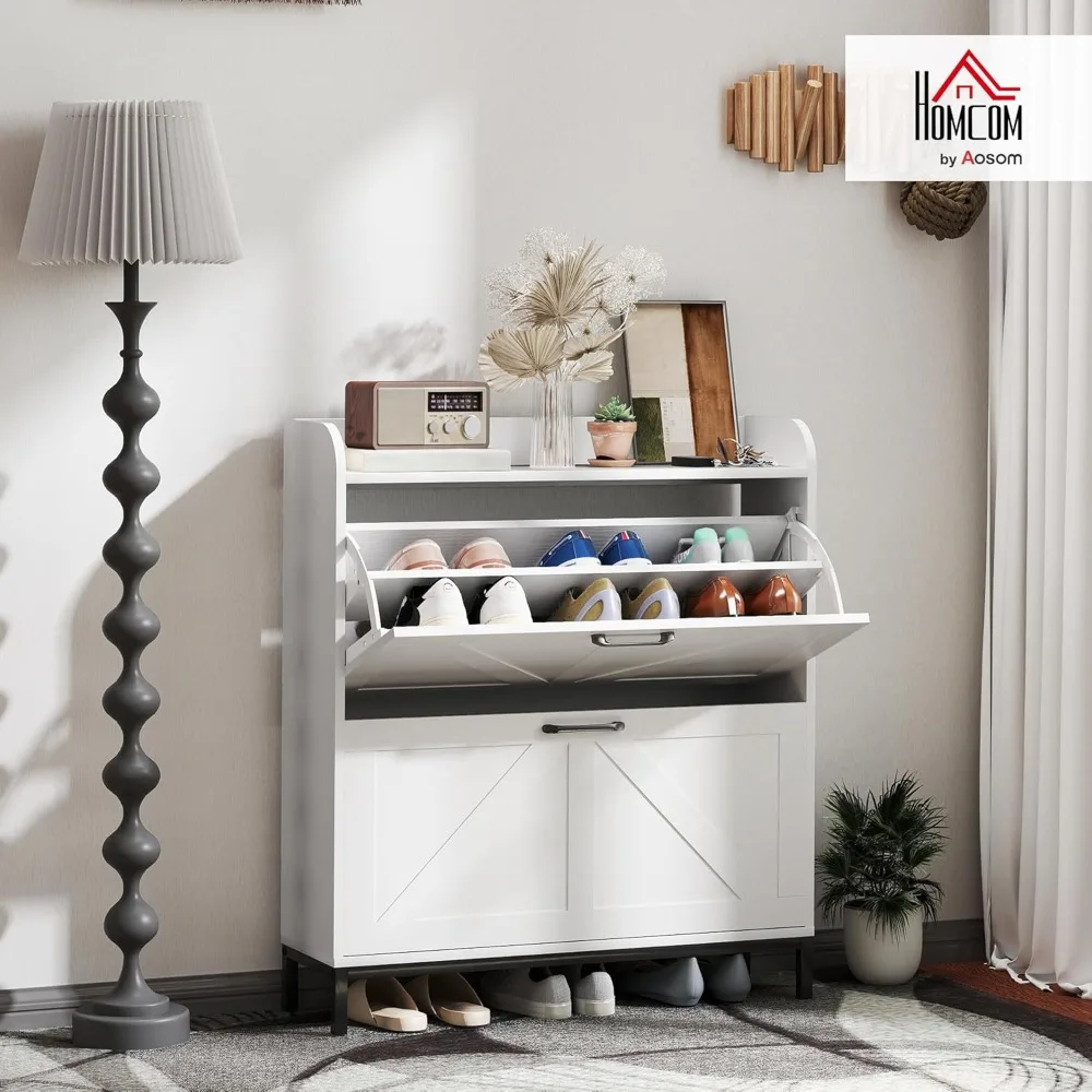 

Shoe Storage Cabinet with 2 Flip Drawers, Legs, Farmhouse Freestanding Narrow Shoe Cabinet,
