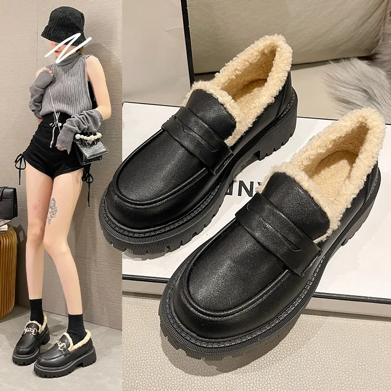 British style small leather shoes for women 2024 thick soled velvet new style deep mouth casual women's cotton shoes