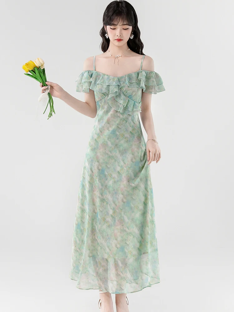 2025 New Green Floral Chiffon Chic Ruffled Casual Sling Dress Summer Elegant Bodycon Beach Dresses Women Korean One Piece Dress