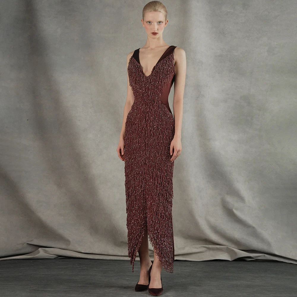 

Exquisite Beading Jersey Evening Dresses Customized Deep V Neck Sleeveless Homecoming Dress Zipper Back Ankle Length Party Gowns