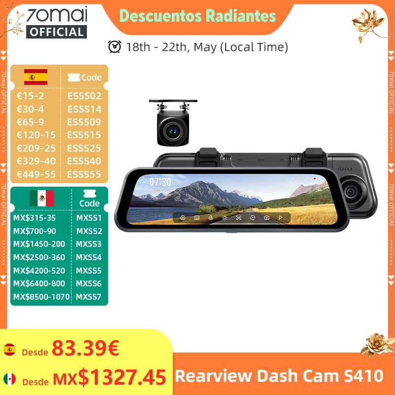 Cámara de Visión Trasera para Coche 70mai S410, Pantalla de Espejo de 9.35 Pulgadas, Delantera 2K, Trasera 1080P, Apertura F1.55, Supercondensador, Protección 24/7, 70mai S410