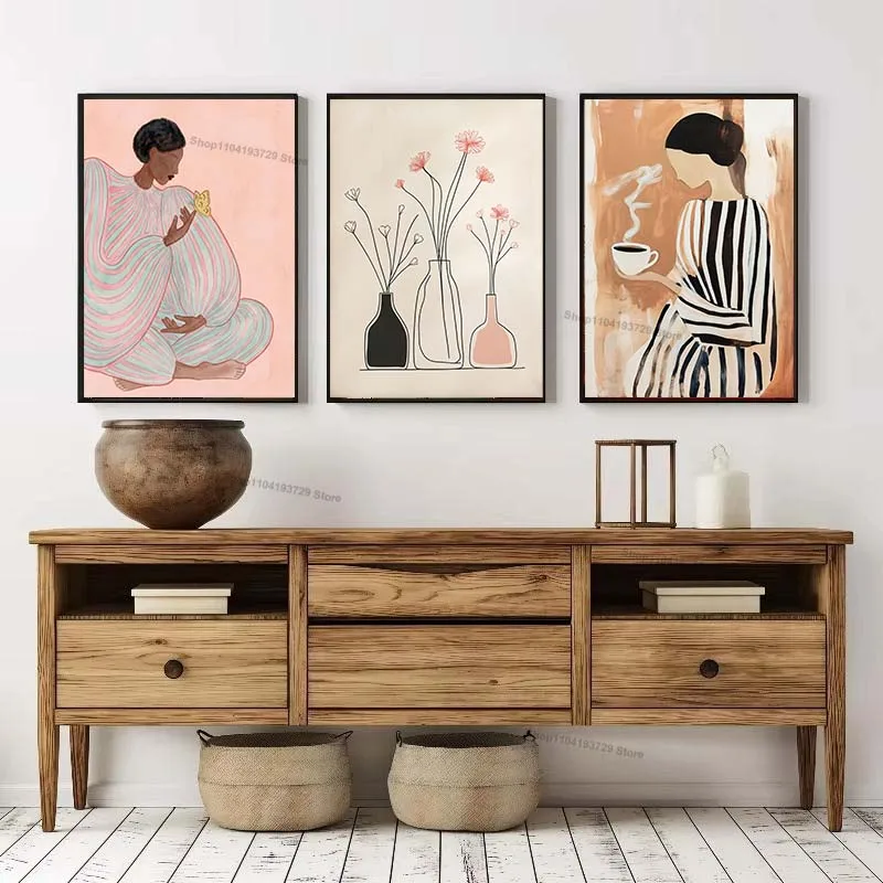 Striped Girl Coffee Leaf Flowers Abstract Gallery Poster And Prints Wall Art Canvas Painting Pictures for Living Room Home Decor