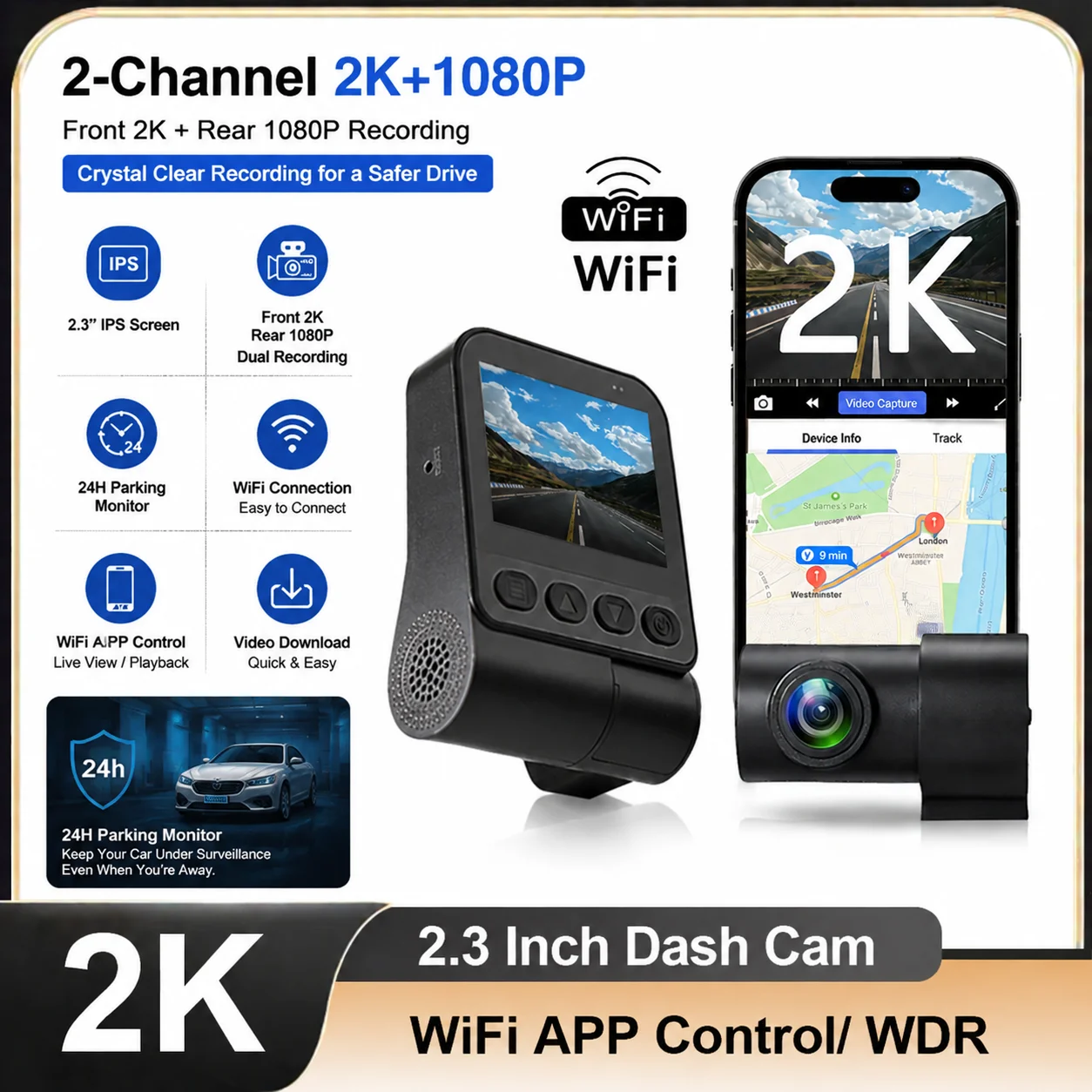 2CH 2.3 Inch Dash Camera 2K Front 1080P Rear Cam WDR WiFi APP Control Black Box DVR 24H Parking Monitor Vedio Recorder For Cars