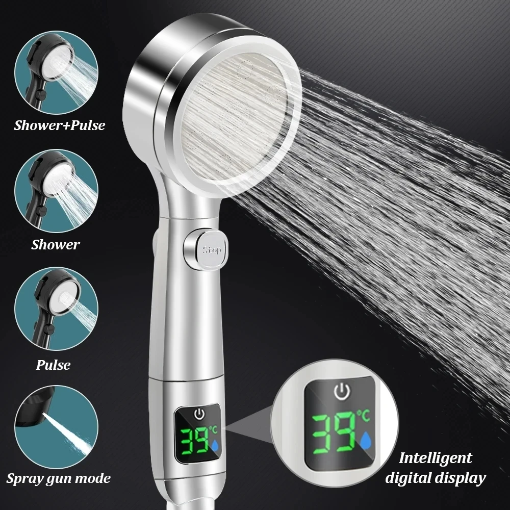 

Temperature Digital Display Pressurized Shower Head Black 4 Modes High Pressure Large Flow Spray Nozzle Rainfall Bathroom Shower