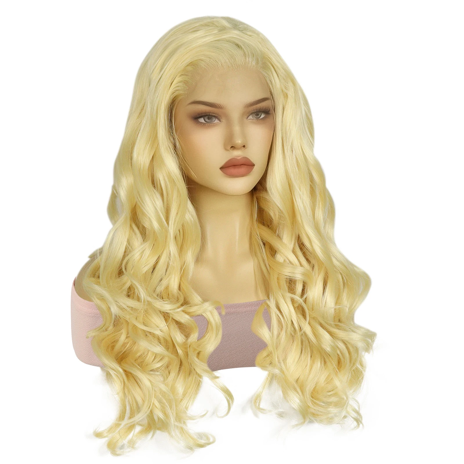 13x2 합성 롱 바디 웨이브 플래티넘 블론드 레이스 프론트 가발 (파티, 할로윈, 추수감사절 여성용 드레스업 가발)