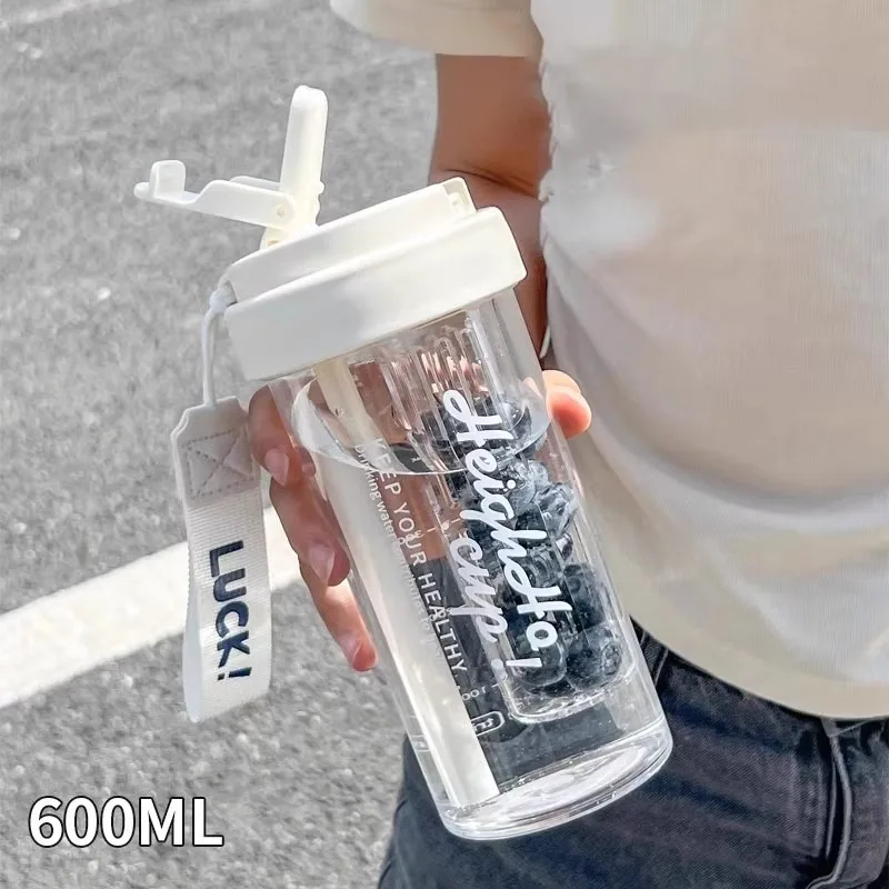 

600ml Simple Water Bottle With Straw Infuser Plastic Clear Coffee Tea Matcha Water Cup Portable Sport Drink Bottle BPA Free