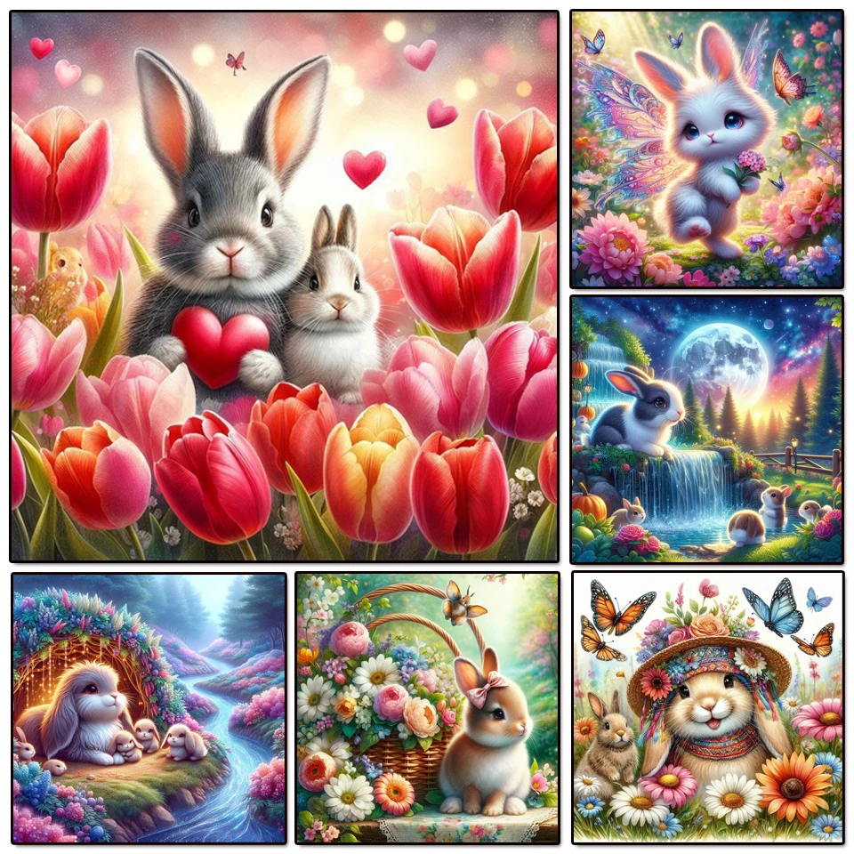 

5D Diamond Painting Rabbit Tulip Flowers Moon Cute Pet Diamond Embroidery Cartoon DIY Cross Stitch 2026 New Year Gift Home Decor