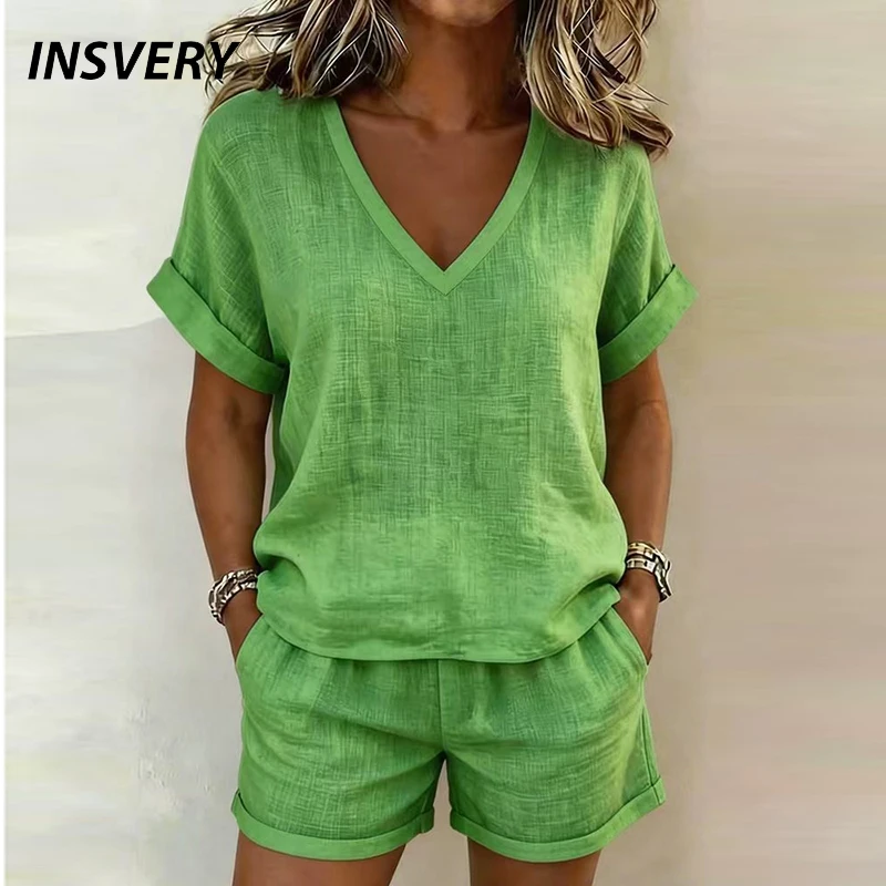 Summer Casual Two Piece Set Women Short Sleeve V Neck Shirt Loose Pocket Shorts Suit Women Beach Holiday Comfortable Outfits