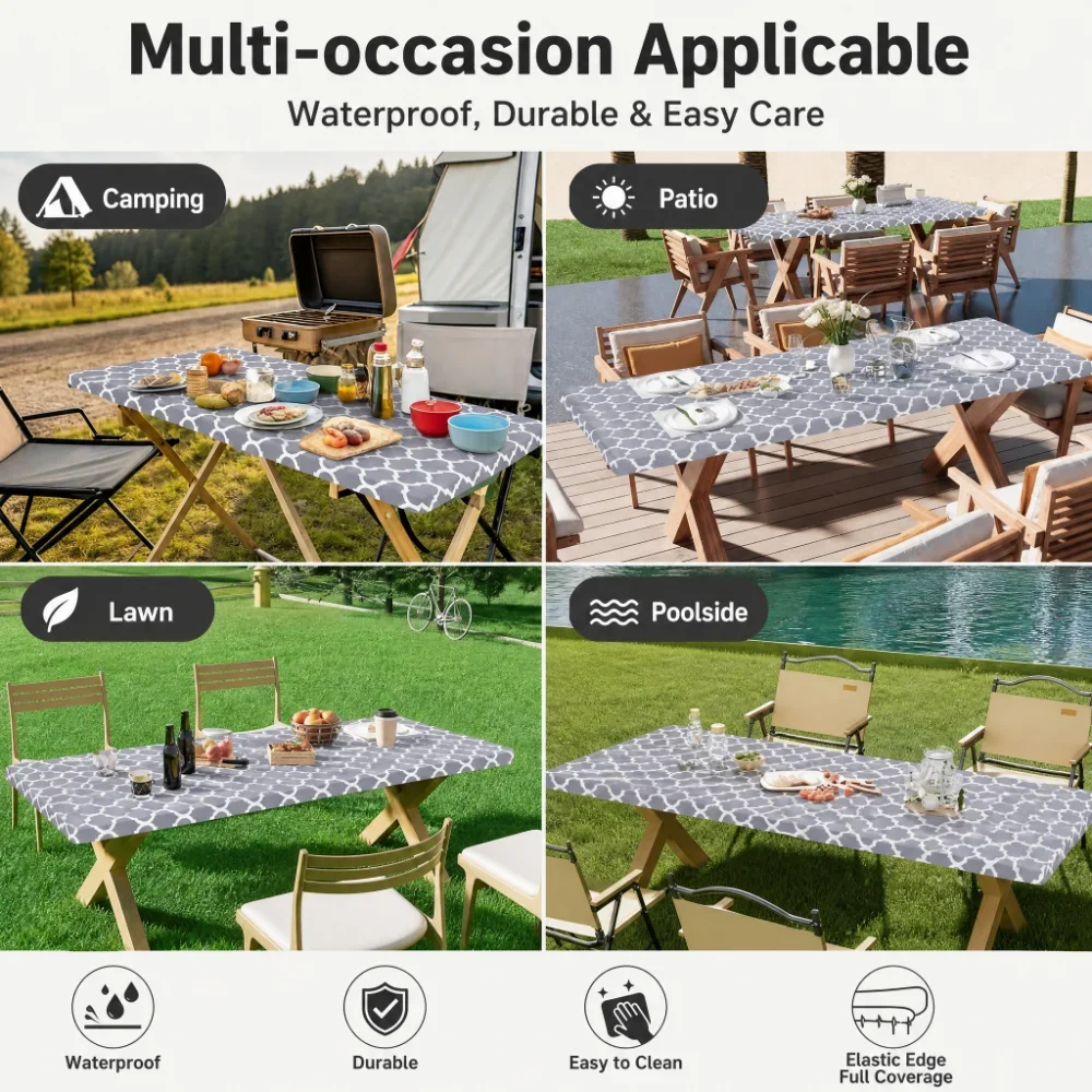 Rectangle Table Cloth Cover, Polyester Elastic Fitted Tablecloth, Fits for 6 Foot Folding Tables, Picnic, Camping, Outdoor