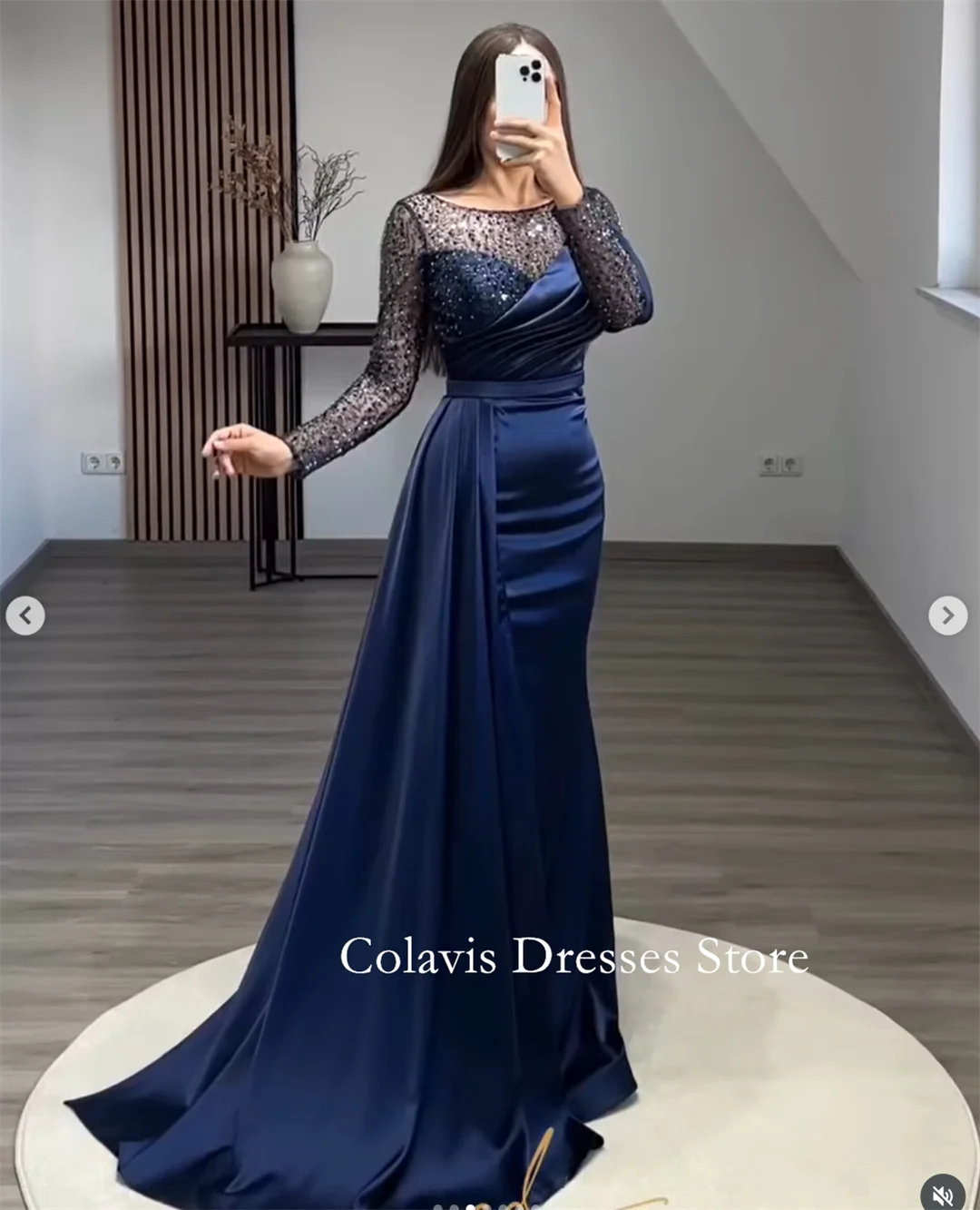 

2025 Customized Round Neck Long Sleeves Blue Satin Blue Prom Dresses Evening Dress Women Evening Gowns Formal Party Dress