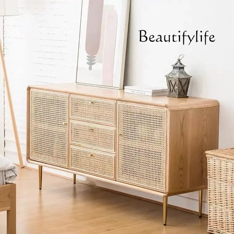 

Nordic Solid Wood Storage Cabinet Modern Minimalist Rattan Storage Cabinet living room decoration