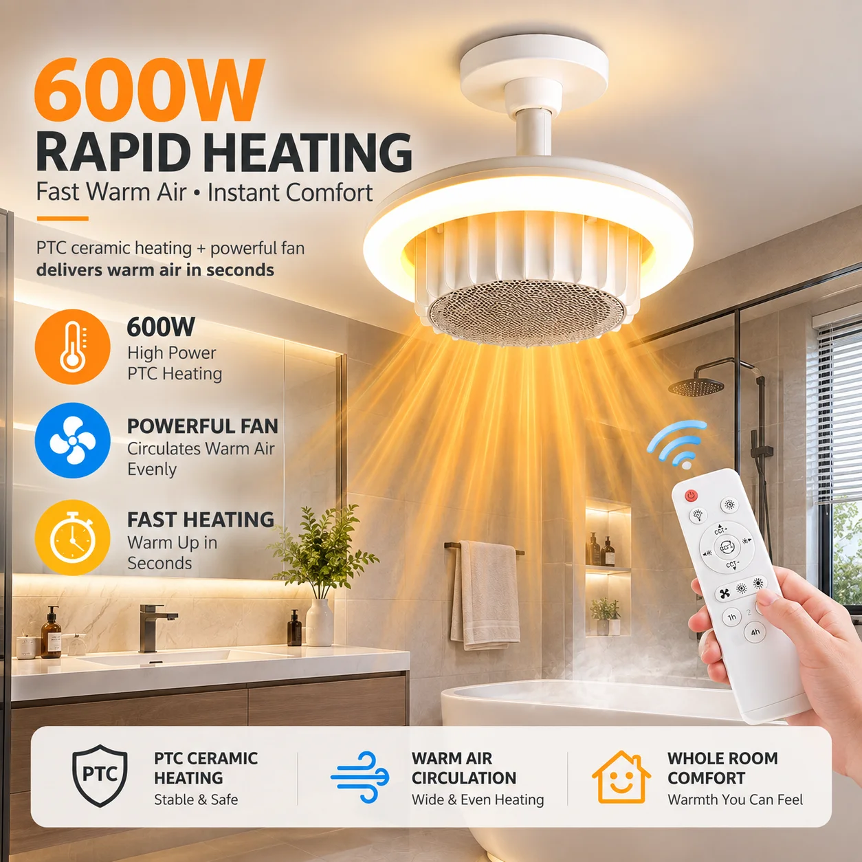 600W Smart 3-in-1 Bathroom Ceiling Light with PTC Heater, Warm Air Lamp Remote Control Dimming Electric Heater Ceiling Fan Light