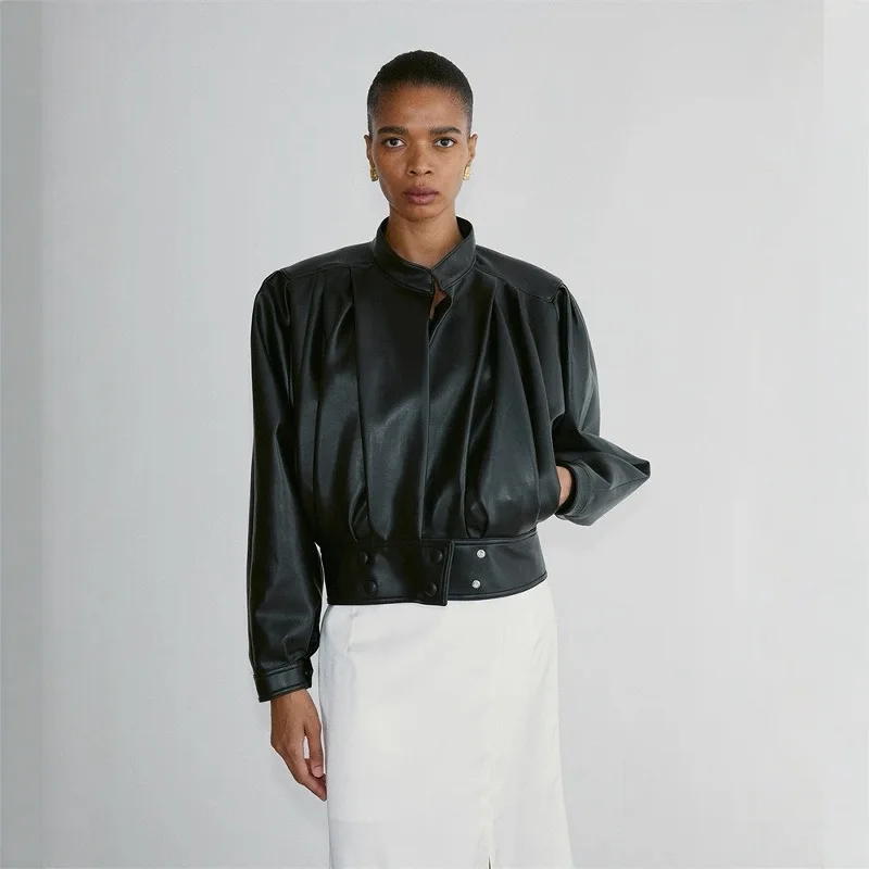 Jennie Vintage cintura acanalada ort Bla Jaet abrigo de cuero fino con pliegues para mujeres jóvenes temporada de otoño longitud Regular