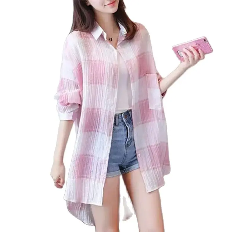 

Summer 2024 New Plaid Shirt Comfortable With Lapels Slim Coat Loose Versatile Long Sunscreen Clothes Fashionable Button Jacket