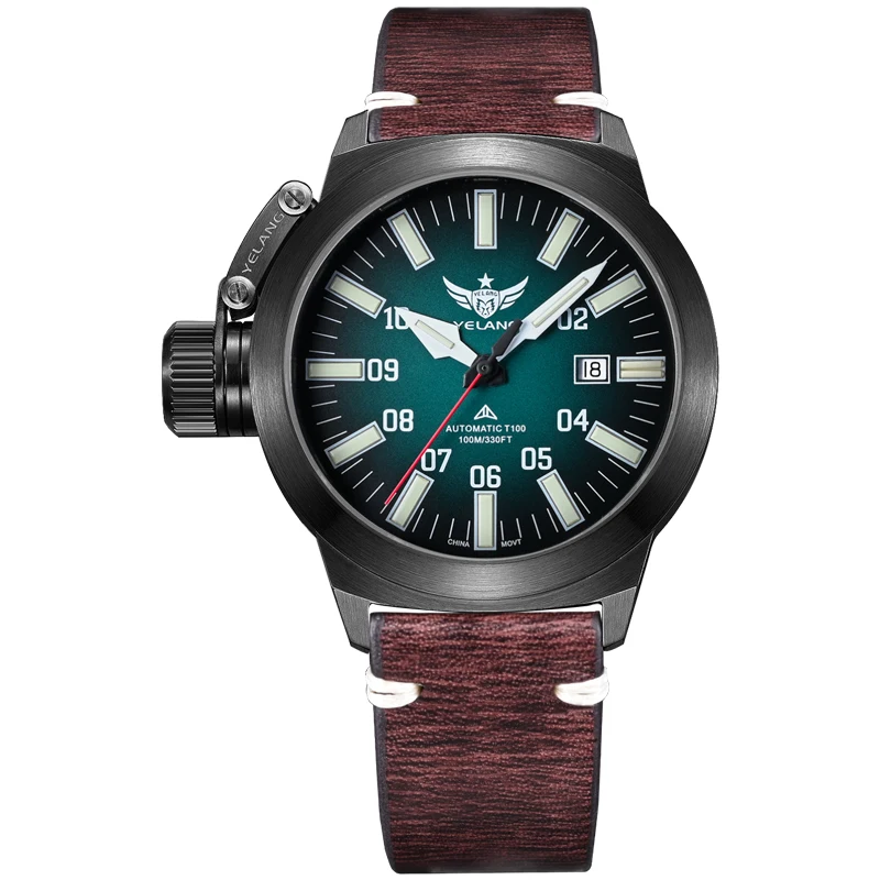 Immagine 6: Orologio Automatico da Uomo YELANG 44MM, Orologio da Polso Meccanico Subacqueo 10ATM Impermeabile, Tubi Luminosi, Zaffiro PT5000, Corona a Sinistra