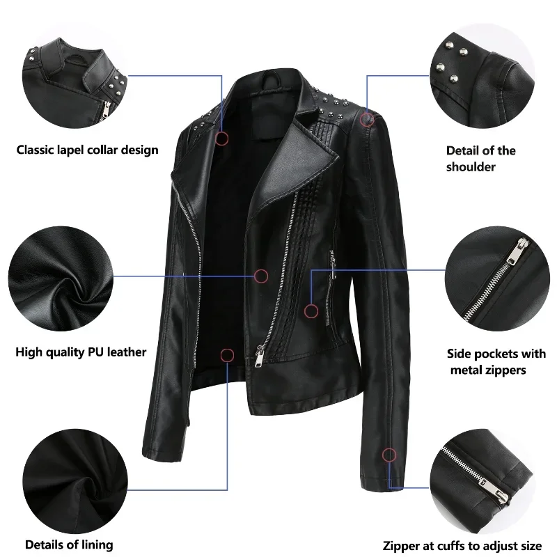 BTQWineau-Veste de Moto en Cuir PU pour Femme, Vêtement d\'Extérieur à Manches sulf, à Rivets, à la Mode, Nouvelle Collection Automne Hiver 2024