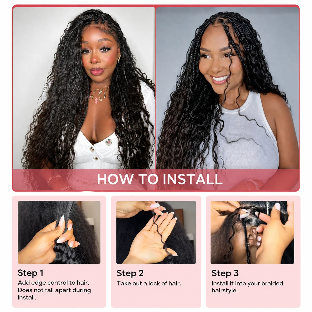 100% Raw Vietnamese Human Hair Natural Black Loose Deep Wave Pre-Separated Knotless Boho Braids  Pre-Looped Feathered Invisible Crochet Extensions with Miracle Knots for Braiding Soft Fluffy Heat Resistant For Women Girls Daily Wear - view 8
