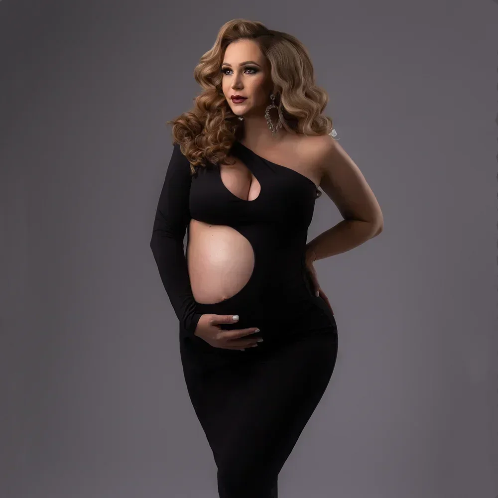 Sexy Black Pregnant Woman Photography Dress Slope Shoulder Stretchy Skinny Maternity Long Dress Photo Shoot Gown