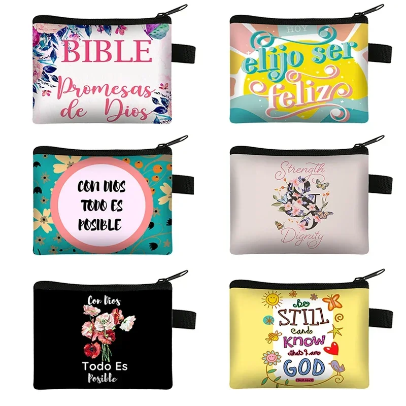 Spanish For Christian Bible Verses Print Coin Purse Women ID Credit Card Earphones Key Money Bags Biblical Studies Wallet Gift