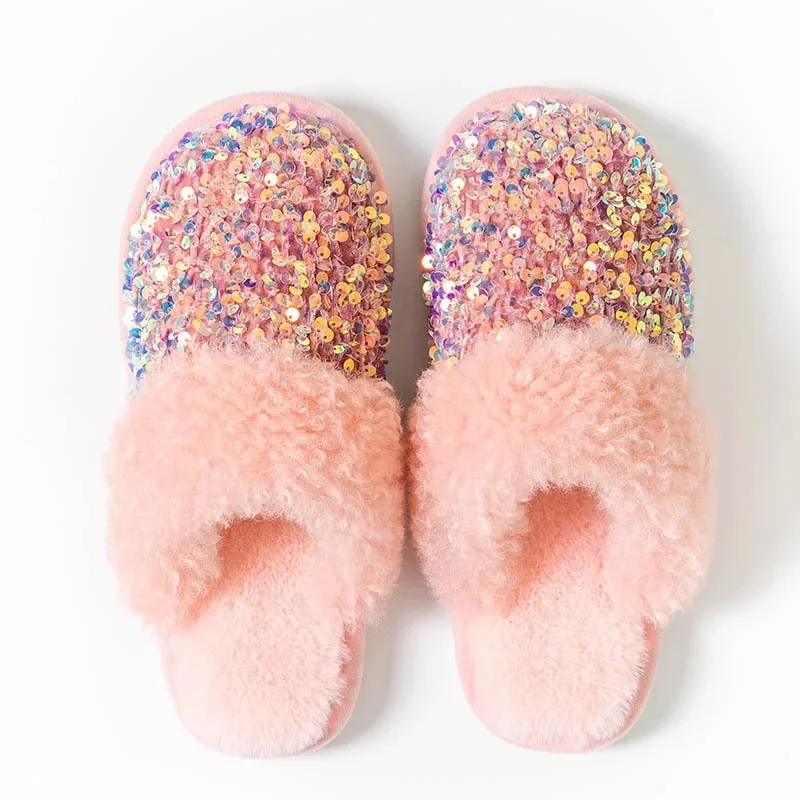 Bling Sequins Home Fur Slippers Women Winter Warm Plush Flat Cotton Floor Shoes Woman Indoor Bedroom Soft Sole Fluffy Slippers