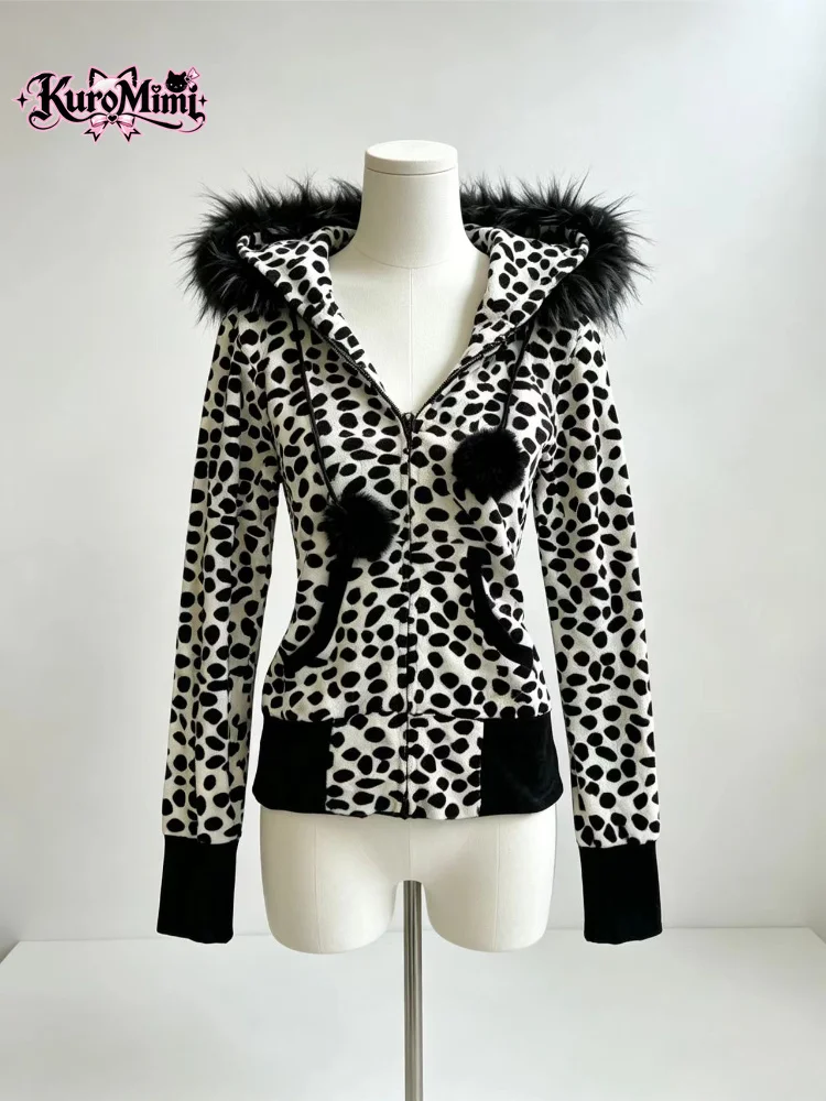 Women Black White Zebra Print Zip Up Hoodie Faux Fur Collar Pom Pom Cropped Jacket Y2K Baddie Alt Grunge Streetwear Cool Girl