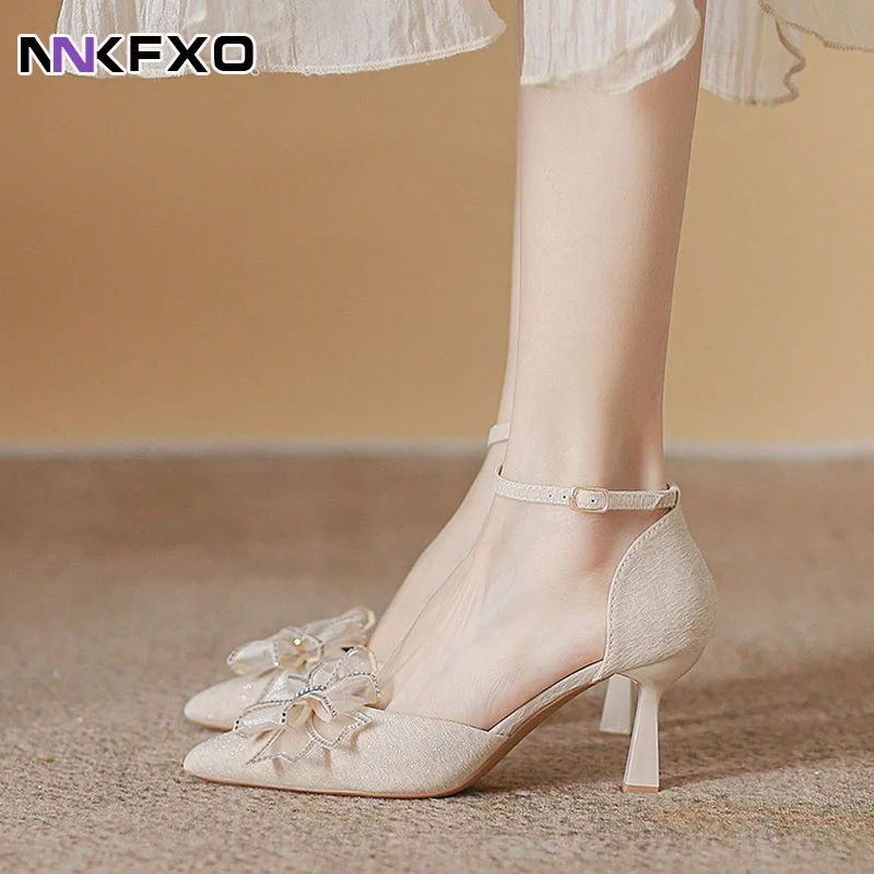 

Glitter Bling Party Prom Shoes Mid Hollow Womens Sandals Rhinestone Bow Decor Thin Heel Ankle Strap High Heels