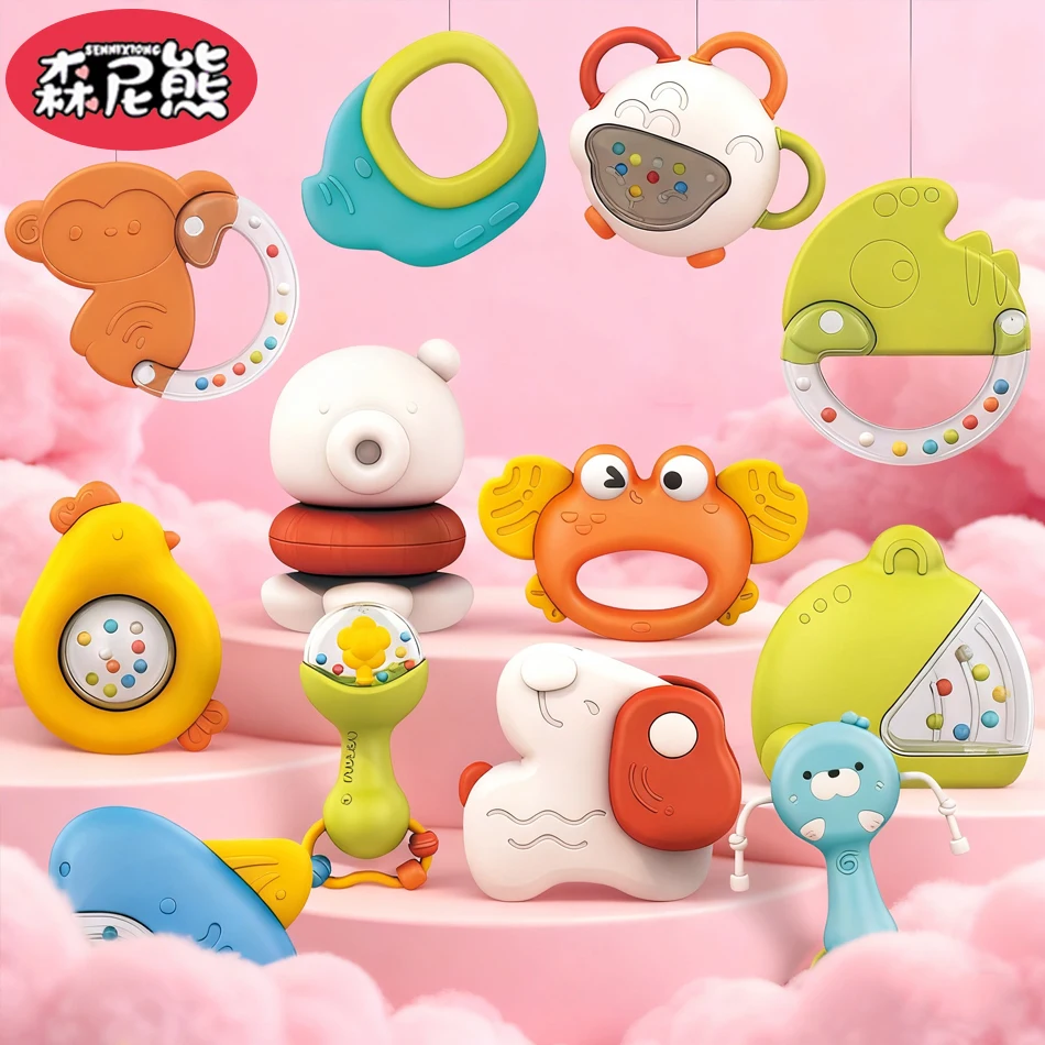 SENNIXIONG Infant Handbell Rattle Cute Puppy Crab Shark Chewable Teether Sensory Montessori Toy For Toddler Early Education Gift