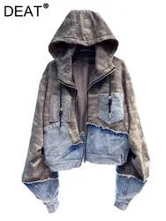 DEAT Women's Denim Coat Patchwork Hooded Zipper Long Sleeve Tie-dye Zipper Female Jackets Autumn 2024 New Fashion 29L8407