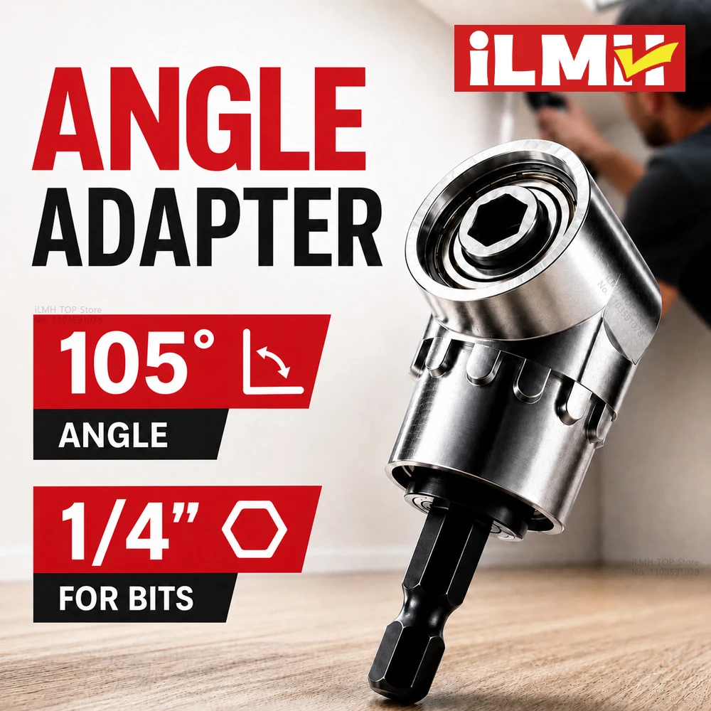 iLMH 105° Right Angle Drill Adapter, 1/4" Hex Magnetic Bit Holder, Tight Space Screwdriver Attachment, Hand Drill Repair Tools