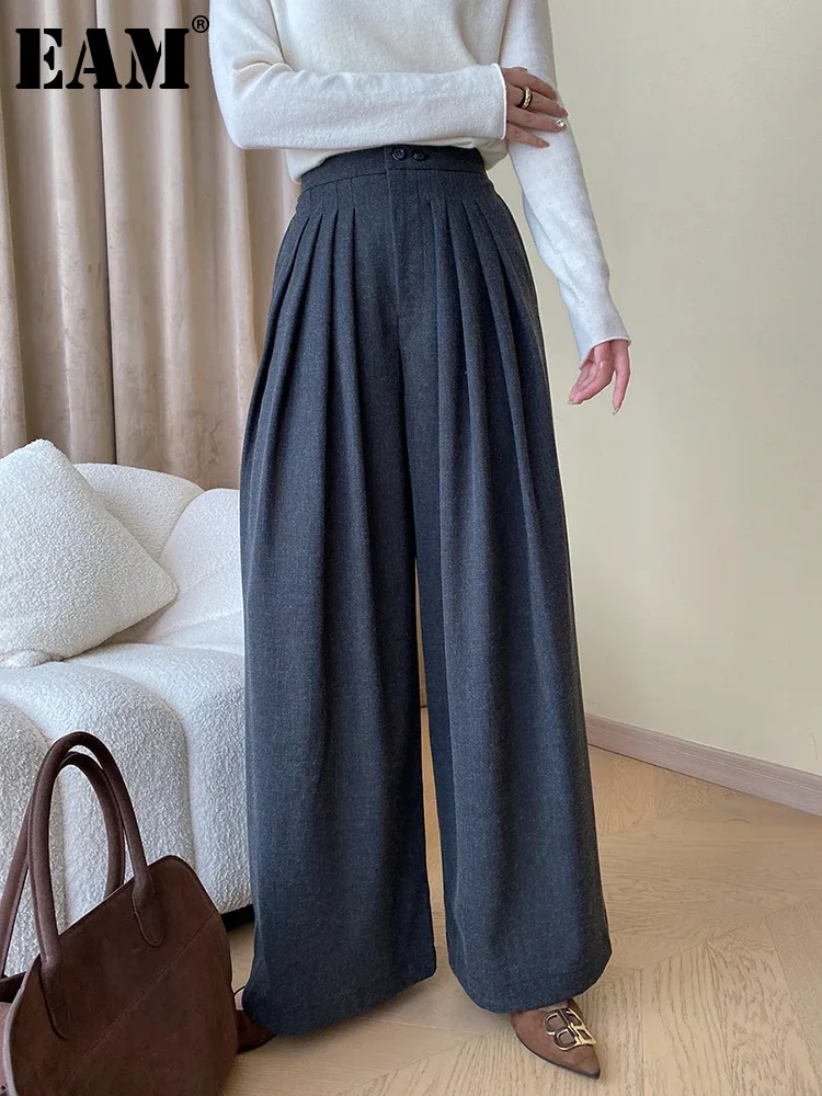 

[EAM] High Elastic Waist Gray Pleated Long Wide Leg Pants New Loose Fit Trousers Women Fashion Tide Spring Autumn 2024 1DH1221