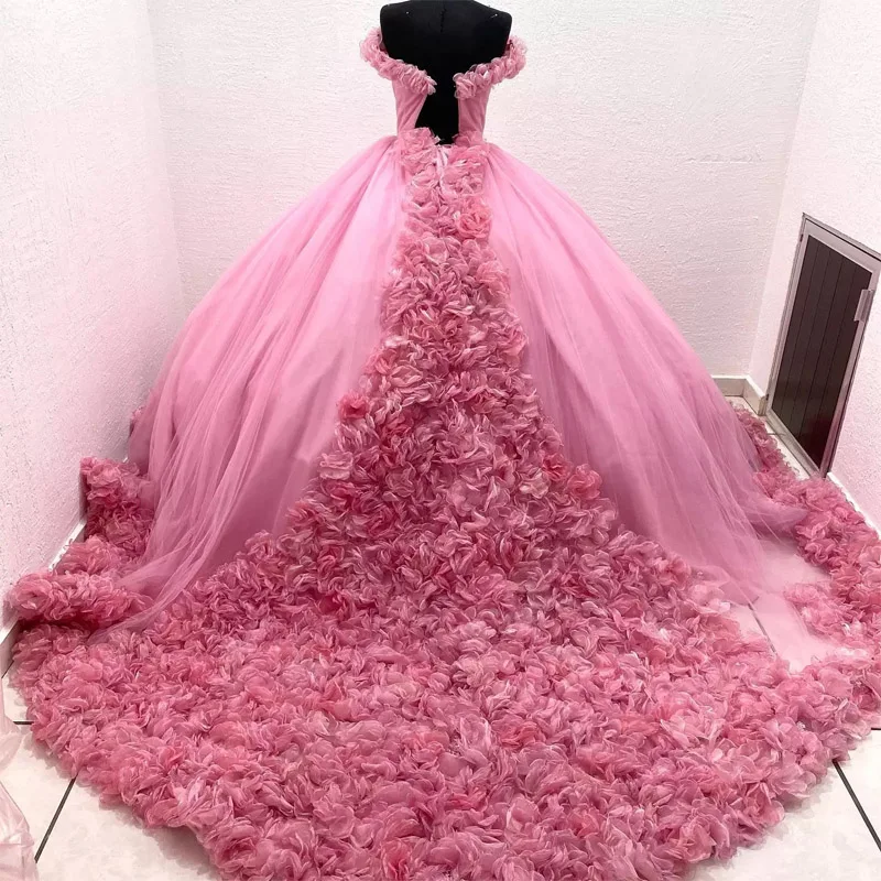 Vestido rosa quinceanera fora do ombro com aplique floral para meninas, doce vestido de 16 anos, vestido de noiva com renda para meninas de 15 anos