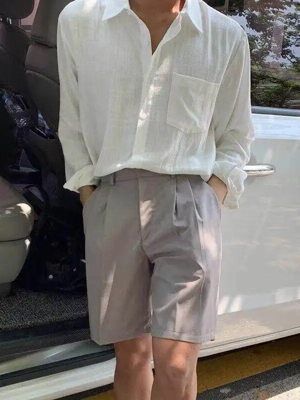 

Korean Style Men's Long Sleeve Cotton Linen Shirt Spring Summer Thin Casual Loose Linen Shirt Jacket Trendy City Walk Neck