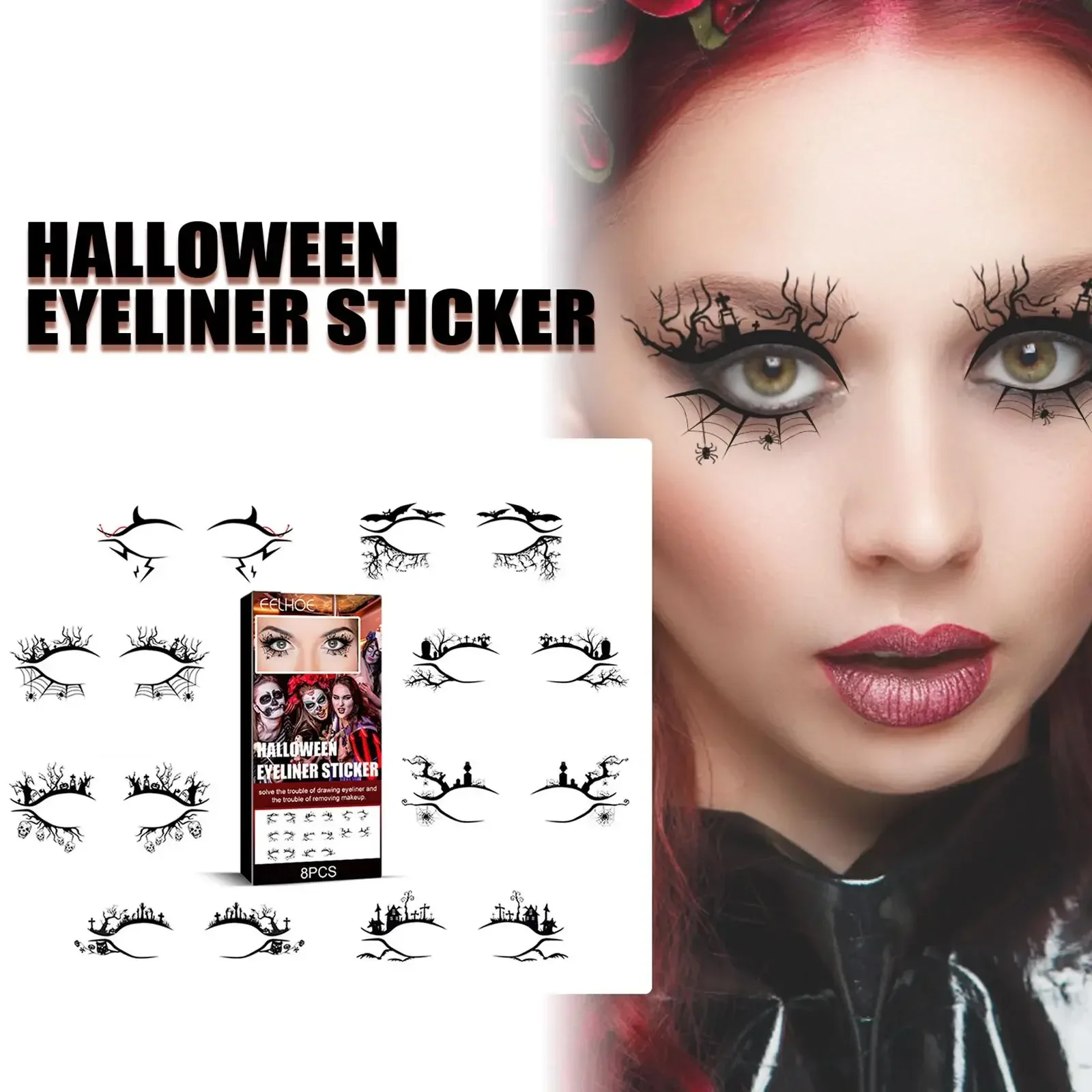 Heallor 1-8pcs Halloween Eyeliner Eye Tattoo Stickers Face Laces Makeup Sticker with Spider Cobweb Bat Festival Party Makeup Bea