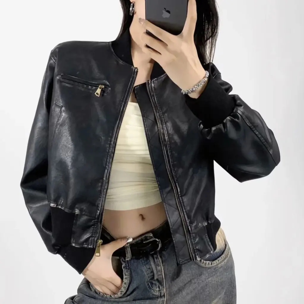 Chaqueta de cuero con cuello levantado Vintage para mujer estilo americano otoño chica caliente cárdigan con cremallera desgastada prendas de vestir exteriores cepilladas