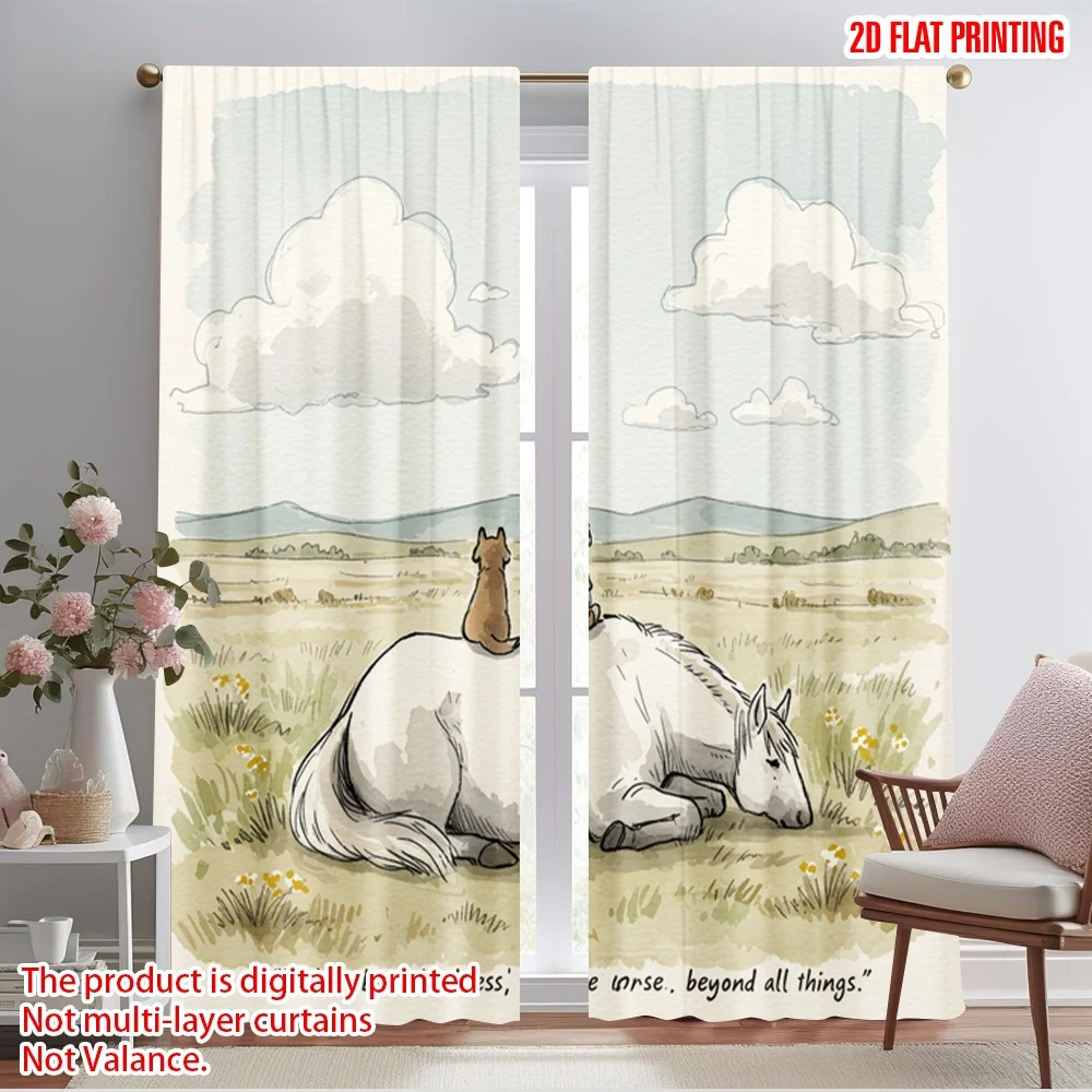 

2pcs 2D flat printing Party Window Curtains Kindness Horse Comfort Nature Fabric Without Electricity All Season Party & Holiday
