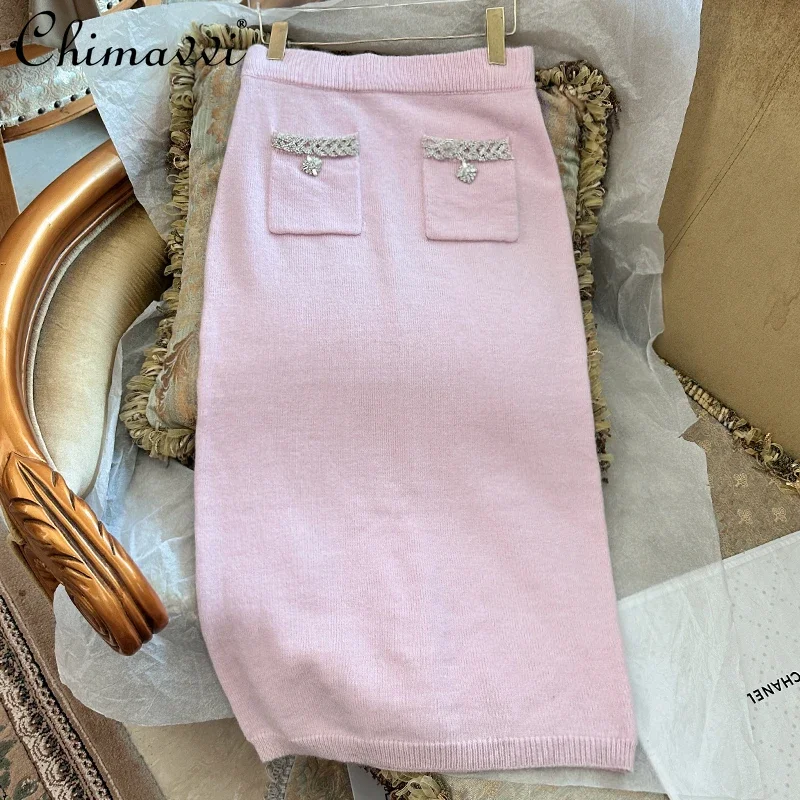 Autumn Winter New Heavy Nail Diamond Sweater Girl Pink Short Knitted Cardigan Mid-length Skirt 2-piece Set Women\'s Skirt Sets