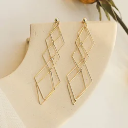 Korean Gold Color Statement Geometric Clip on Earrings No Piercing Long Rhombus Big Hollow Sqaure Ear Clip Earrings for Women