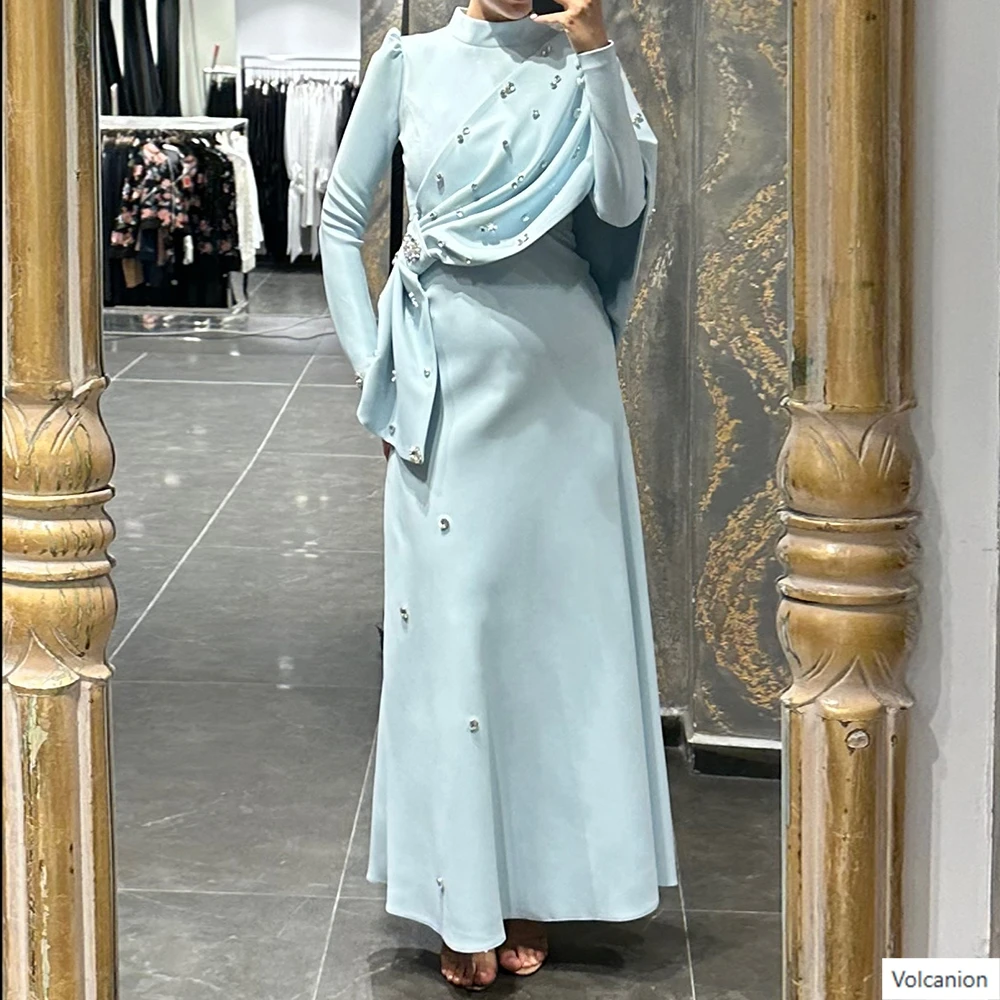 

Customized A-line Evening Dresses Ankle-length High-neck Full Sleeve Prom Gown Fashion Crystal Stole Simple Draped Party Gown