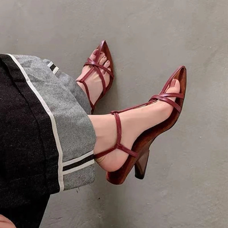2024 New Women's High-heeled Sandals Summer High-heeled Shoes Luxury Cowhide Strap Slingback Feminine Wedding Sandals