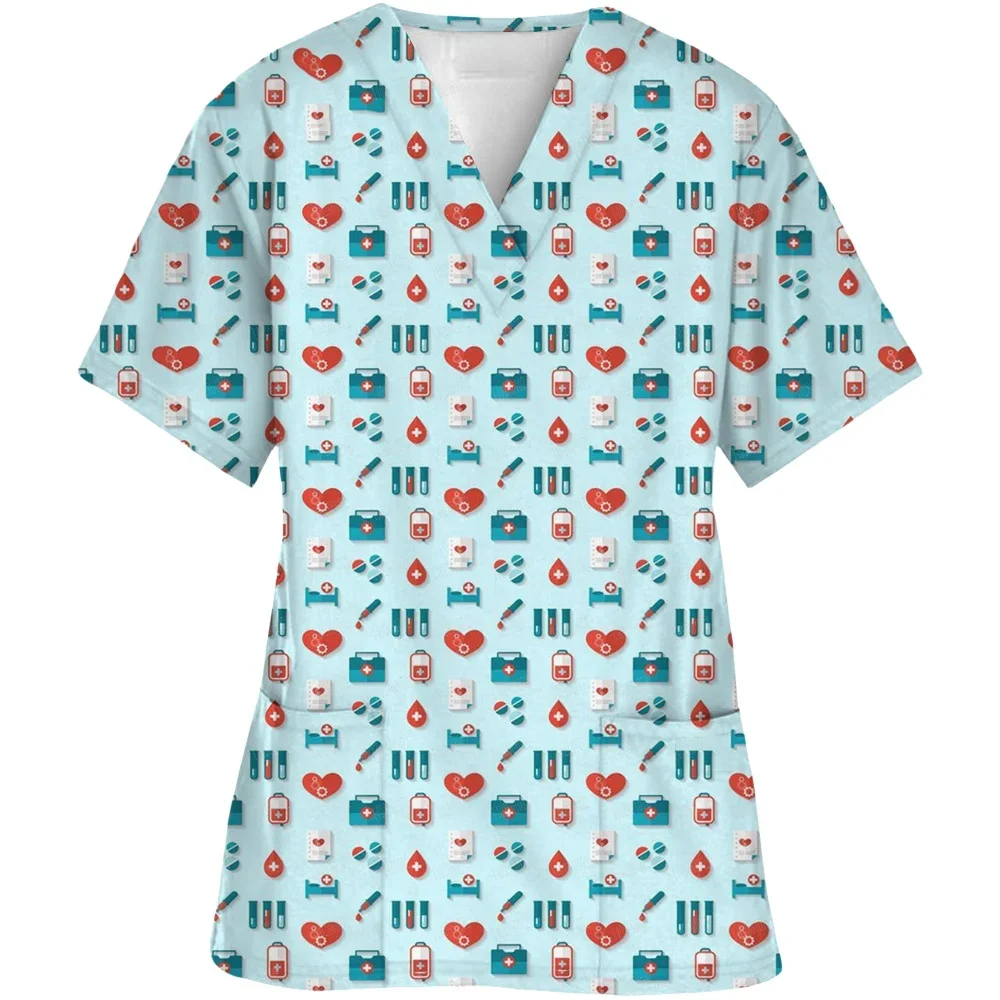 الزي الجراحي امرأة الأسنان ثلاثية الأبعاد طباعة الخامس الرقبة جيب طبيب الأسنان الدعك امرأة الكرتون تي شيرتات قصيرة الاكمام الزي السريري امرأة #3