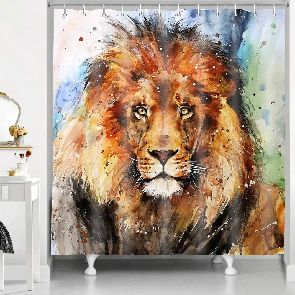 Watercolor Lion Shower Curtain King Of The Jungle Wild Animals Retro Hand Painted Splash Style Bathroom Decoration